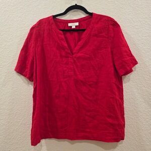 Charter Club Luxury Red 100% Linen Split Neck Short Sleeve Blouse Top Womens L